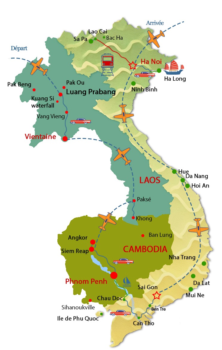 Carte du Circuit combin&eacute; Vietnam Cambodge Laos avec l'agence locale francophone Tonkin Voyage &ndash; Terre d&rsquo;Indochine (23 jours)